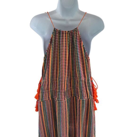 Zara Bright Multicolor Maxi Dress Tassel Straps Checkered Resort Beach Cover Up - Picture 9 of 13
